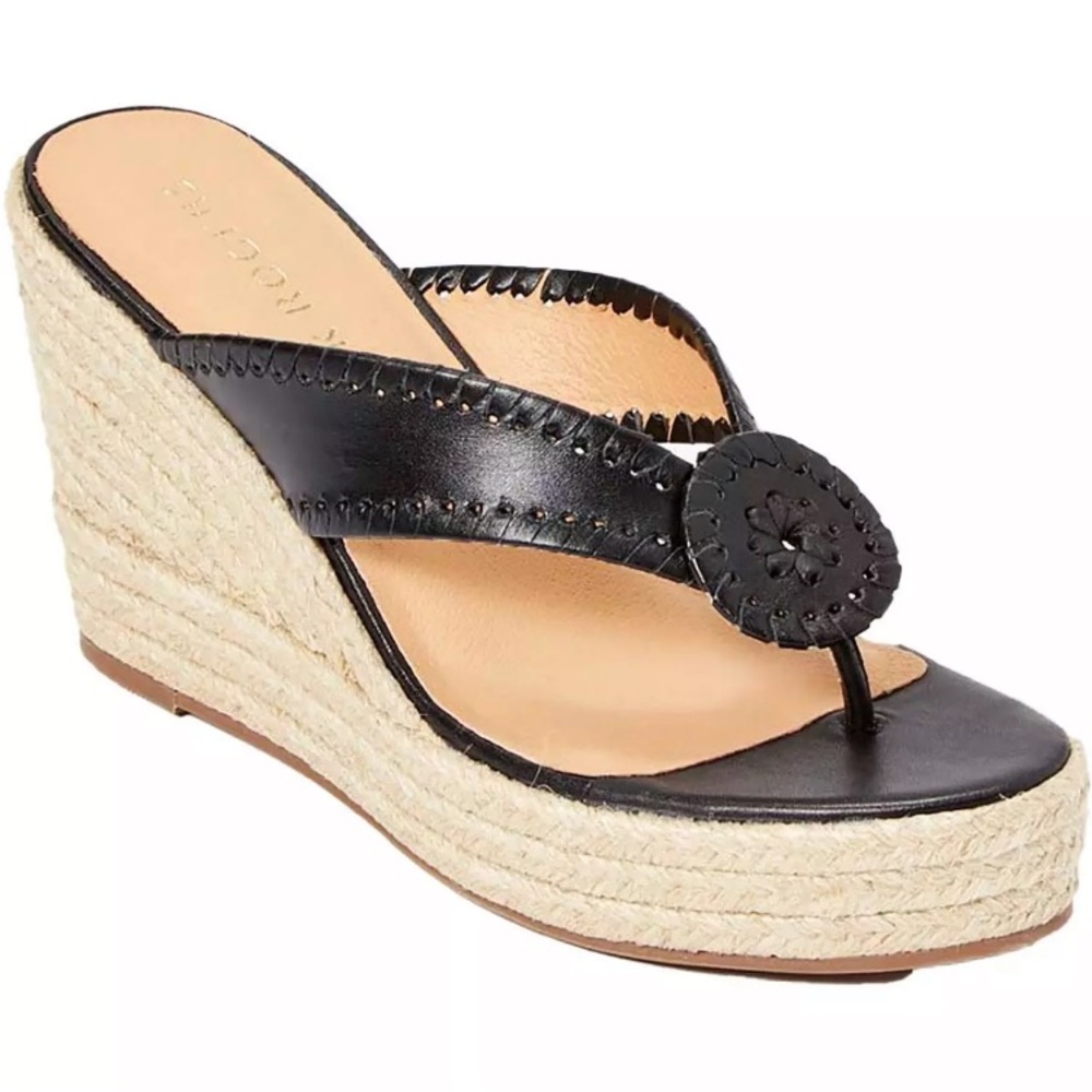 New In Box  Jack Rogers Rowan Platform Espadrille Leather Wedge Sandal in Black
